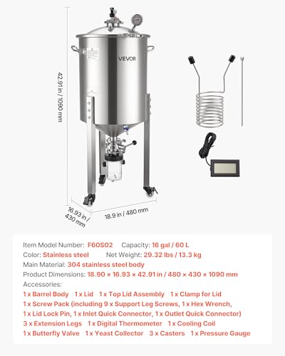 VEVOR Pressure Fermenter 15 PSI, 16 Gal/60L All-in-One Stainless Steel Conical Secondary Fermentation Bucket, with Cooling Tube, Yeast Slurry Collection Bottle, for Wine, Beer Brewing Equipment - size: 16 Gal-Fermenter2.0