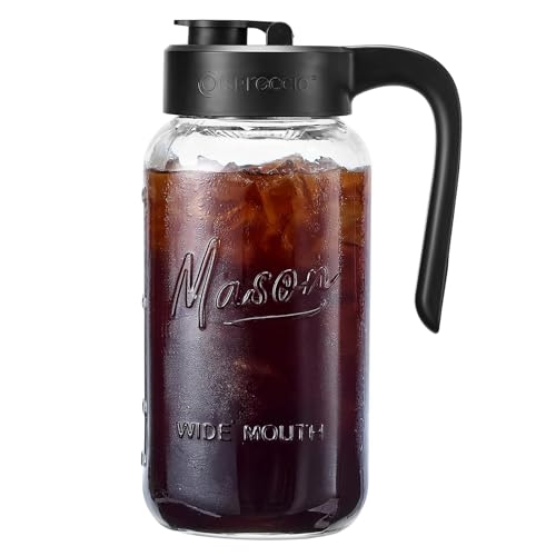 Mason Jar Pitcher - Airtight & Leakproof Glass Pitcher with Lid, Perfect for Breastmilk, Cold Brew, and Sun Tea, 2 Quart (64 oz) Mason Jar with Pour Spout Lid - color: Black