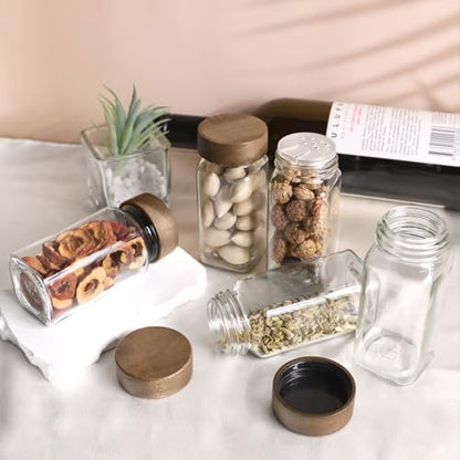 ZEHIQ 12Pcs 4oz Square Glass Spice Jars with Labels and Acacia Wood Lids | Food-Grade Seasoning Containers, Moisture-Proof, Shaker Lids, 268 Labels, Markers, Funnel, Brush, for Cabinet Drawer