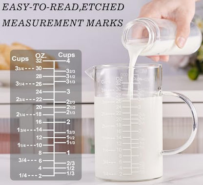 Ackers Etched Graduated Glass Measuring Cup - [Insulated Handle | V-Shaped Spout] - High Borosilicate Glass Measuring Cup for Kitchen or Dining, Easy to Read,1000 ML (32 Oz, 4 Cup) - size: 1000 ML (32 Oz, 4 Cup) - Etched Graduated