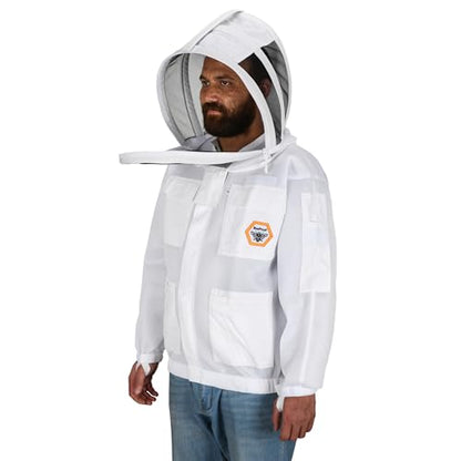 Bee Jacket Mesh Ventilation for Professional Beekeeper's Total Protection - Light Weight - YKK Zipper with Carring Bag 2 Veil Options (Fencing & Round) BP-401 (White - L) - color: White, size: L