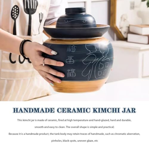 Traditional Chinese Fu Pattern Kimchi Jar, Double-lid Fermentation Crock, Thickened Ceramic Pickling Vessel, for Kombucha(10kg/352.7oz) - size: 10kg/352.7oz