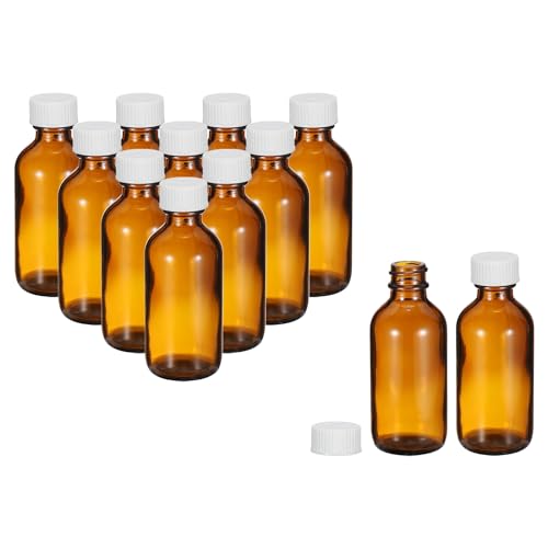PATIKIL 2oz(60ml) Glass Sample Bottles, 12Pcs Round Bottle Dispensing Bottles with White Poly Cone Cap for Reagent Liquids, Essential Oils, Perfume, Amber - color: Amber,White, size: 2 oz