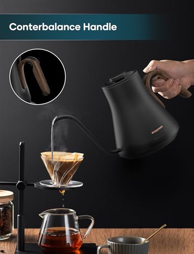 INTASTING Gooseneck Electric Kettle with ±1℉ Temperature Control for Pour Over Coffee & Tea, Quick Heating, BPA-Free Stainless Steel, Built-in Brew Timer, 1500W/0.9L (Black Walnut) - color: Black Walnut