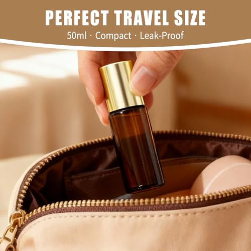Amethyst Roller Bottles for Essential Oils, 50ml Refillable Amber Glass Roll On Bottles with Natural Crystal Roller Balls, Leak-Proof Travel Perfume Bottle with Gold Caps - color: Purple