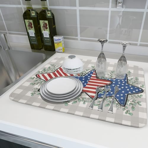 Patriotic Dish Drying Mat for Kitchen Counter Cute Stars 4th of July Holiday Absorbent Reversible Microfiber Kitchen Countertop Protector Dishes Pad Large 18x24 inch - size: 18" x 18"