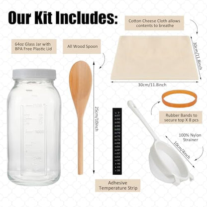 Honeydak 8 Pcs Complete Kefir Starter Kit Kombucha Fermenter Kit Half Gallon 64oz Mason Jar Wide Mouth with Plastic Storage Lid Nylon Mesh Strainer Cotton Cloth Cover and Wood Spoon - color: as shown in the picture, size: 64 oz