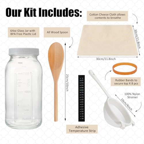 Honeydak 16 Pcs Complete Kefir Starter Kit Kombucha Fermenter Kit Gallon 64oz Mason Jar Wide Mouth with Plastic Storage Lid Nylon Mesh Strainer Cotton Cloth Cover and Wood Spoon - color: Regular, size: 64 oz
