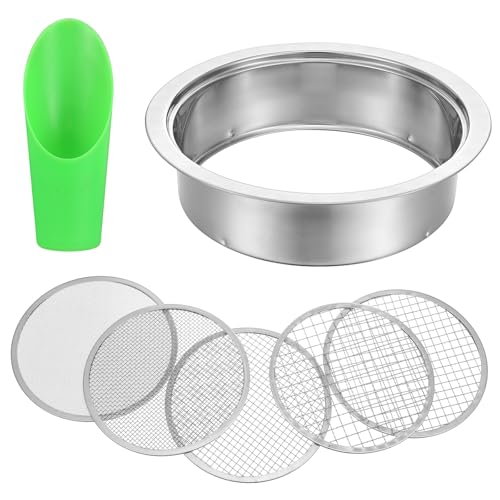 Soil Sieve Set with 5 Stainless Steel Mesh Sifter Screens (1/3/6/9/12mm) & Plastic Scoop - 7.7" Diameter Garden Soil Sifter for Compost, Sand, Rocks