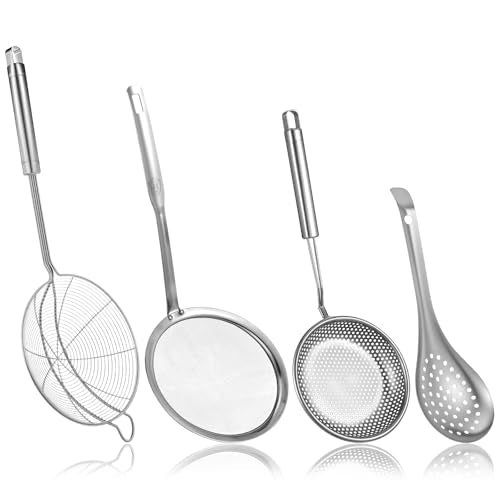 4 Pieces Spider Strainer Skimmer Spoon Set, Fine Mesh Strainer and Fat Skimmer Spoon Set, Stainless Steel Metal With HoleSieve Food Strainers with Hanging Holes, for Cooking, Fat, Grease, Floating Foa