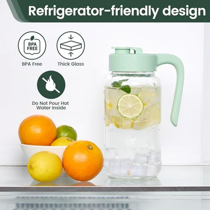 Mason Jar Pitcher - Airtight & Leakproof Glass Pitcher with Lid, Perfect for Breastmilk, Cold Brew, and Sun Tea, 2 Quart (64 oz) Mason Jar with Pour Spout Lid - color: Green