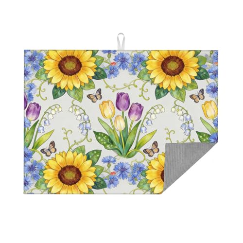 Kitchen Drying Mat for Countertop Sunflower Tulip Floral Garden Pattern Non-Slip Kitchen Counter Mat for Dishes Glassware - color: Yellow Purple