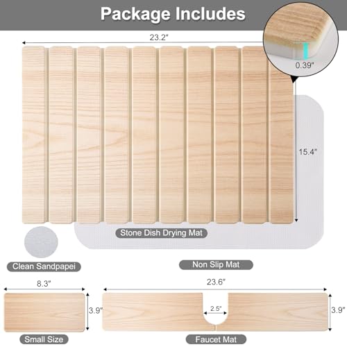 Diatomaceous Stone Drying Mat for Kitchen Counter with Sink Faucet Mat, Wooden Parrten Design Absorbent Quick Dry Dish Drying Mat Set, Diatomite Stone Slat Countertop Pad for Dishes, Cups - color: Wood