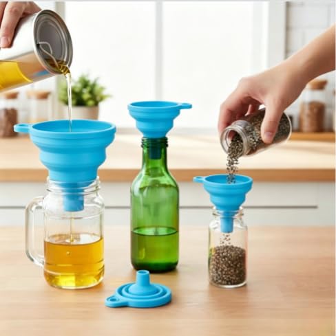 4 Pack Silicone Collapsible Kitchen Funnel for Water Beer Oil Filling Bottles ，Foldable Silicone Funnel Set – Collapsible Small & Large Funnels, Water Bottles & Liquid Transfer – Food Grade（Blue） - color: blue