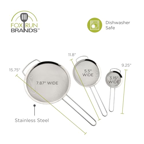 Fox Run Fine Mesh Strainer Set, Set of 3 Stainless Steel Kitchen Strainers with Handles