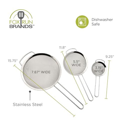 Fox Run Fine Mesh Strainer Set, Set of 3 Stainless Steel Kitchen Strainers with Handles