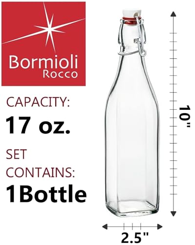 Bormioli Rocco Swing 17 oz. Square Swing-Top Glass Bottle with Airtight Seal and Metal Clamp for Drinks, Juices, Wine, or Dressings, Single Bottle - size: 17 Ounces