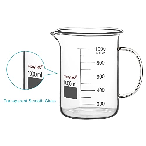 stonylab Glass Beaker with Handle, Borosilicate Glass Graduated Low Form Griffin Beaker with Handle and Pouring Spout, 1000 ml (Pack of 2) - size: 1000 ml (Pack of 2)