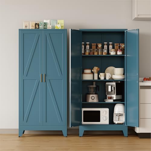 COFaR 61'' Tall Metal Storage Cabinet, Farmhouse Kitchen Pantry Cabinet with Doors and 3 Adjustable Shelves, Metal Pantry Storage Cabinets for Kitchen, Laundry, Peacock Blue 4-Tier - color: Peacock Blue, size: 61 Tall 2 Doors-Tree Door