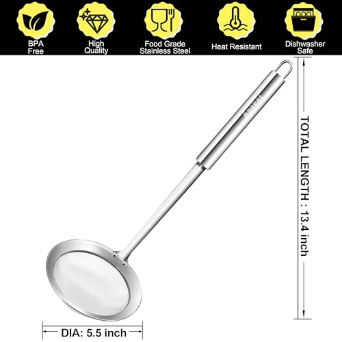 Anaeat 5.5" Stainless Steel Fat Skimmer Spoon - Professional Kitchen Fine Mesh Food Strainer and Hot Pot Skimmer with Long Handle for Skimming, Cooking, Frying, Grease, Gravy and Foam - color: 5.5" Fine Mesh Skimmer