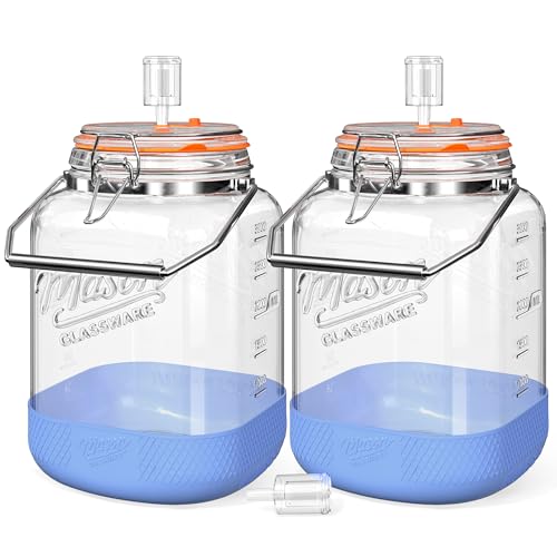 Folinstall 1 Gallon Fermentation Jar with 3 Airlocks, Stainless Steel Handle, Non-Slip Silicone Base, 128 oz Glass Storage Jar for Mead Making, Wine Making, Sourdough Starter, 2 Pack