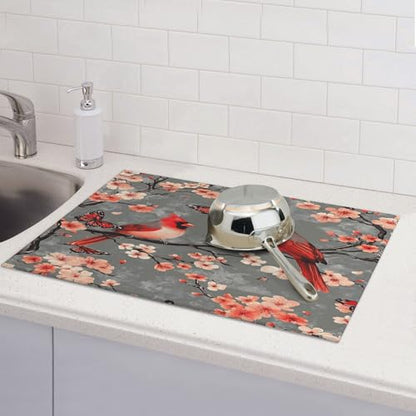 Cardinal Birds Dish Drying Mat for Kitchen Counter Microfiber Super Absorbent Non-Slip Dish Drying Pad for Countertops Dishes Utensils Stylish Quick-Dry Machine Washable 18x24 Inch - color: Cardinal Birds