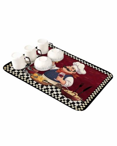 Red Kitchen Chef Dish Drying Mat for Kitchen Counter, Absorbent Quick Dry Coffee Bar Mat Pad Thin Diatomaceous Sink Mats, Vintage Cheese Wine Coking Checked Non Slip Dish Drainer Mats 16''x18'' - color: Burgundy, Cream, Tan, size: 18" x 16"