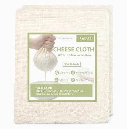 PurpleEssences Cheese Cloths for Straining 36x36 Inch - Reusable Unbleached Cotton Cheesecloth with Hemmed Edge for Cooking, Yogurt, Nut Milk, Broth & Crafts - Natural, Set of 2