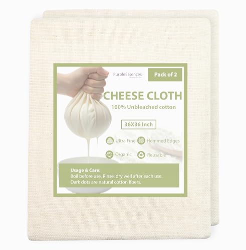 PurpleEssences Cheese Cloths for Straining 36x36 Inch - Reusable Unbleached Cotton Cheesecloth with Hemmed Edge for Cooking, Yogurt, Nut Milk, Broth & Crafts - Natural, Set of 2