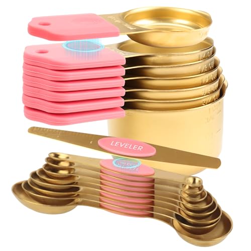 16-Piece Stainless Steel Measuring Cups and Spoons Set, Strong Magnetic Nesting Design 7 Cups 8 Spoons with Leveler, Double Measurement Markings for Dry & Liquid Ingredients, Pink & Gold - color: 16-Piece Pink & Gold