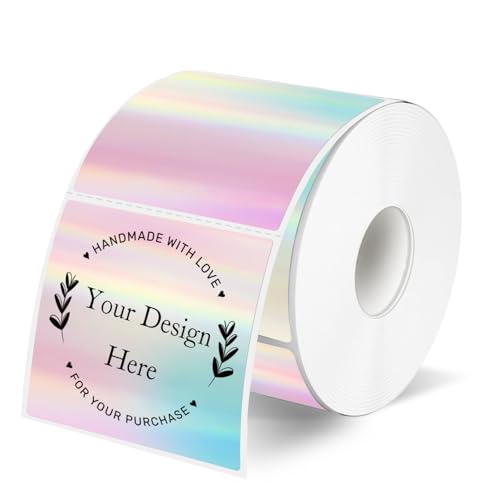 2x2 Inch Square Thermal Label Stickers, Holographic Square Direct Thermal Sticker Labels, Perforation Line Design- Holographic Rainbow Color - color: Holographic Gradient Color, size: 2 X 2
