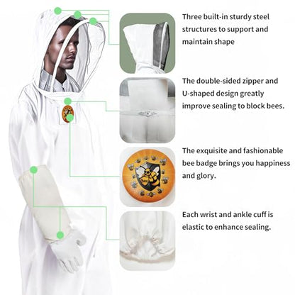 Professional Beekeeping Suit with Gloves – Full-Body Protection, Breathable Fabric, Adjustable Hood – Beekeeper Outfit for Men & Women (Includes Goatskin Gloves) XXL for 5'11"-6'3"