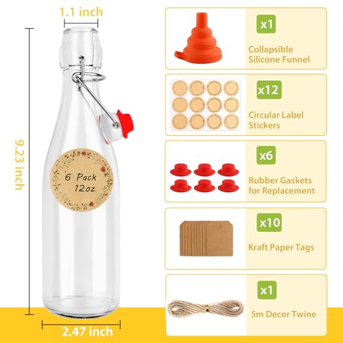 6 Pack 12 oz Swing Top Glass Bottles, 375 ML Flip Top Brewing Bottles with Airtight Stopper for Vanilla Extract, Kombucha, Beer, Kefir, Mead - size: 12oz