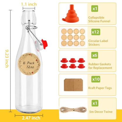 6 Pack 12 oz Swing Top Glass Bottles, 375 ML Flip Top Brewing Bottles with Airtight Stopper for Vanilla Extract, Kombucha, Beer, Kefir, Mead - size: 12oz