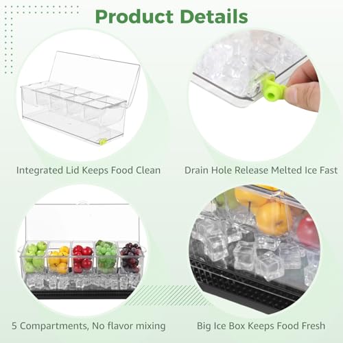 Chilled Condiment Server with Lid, 5-Compartment Plastic Food Storage Container with Drain Holes, Ice Box for Fruits with Cup Coaster, 2 Clips & 6 Fork Spoons, 16.1 x 6.4 x 5.7 in, Transparent