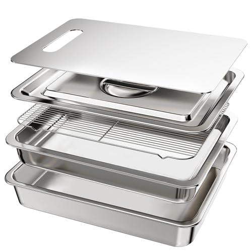 5-Piece Grill Carry System, Thickened Stainless Steel Grill Prep Trays for BBQ and Oven Use with Oil Drain Rack, Marinade Container with Lid, Nested Storage, Grilling Prep and Serve Trays