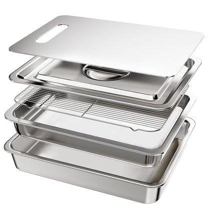 5-Piece Grill Carry System, Thickened Stainless Steel Grill Prep Trays for BBQ and Oven Use with Oil Drain Rack, Marinade Container with Lid, Nested Storage, Grilling Prep and Serve Trays