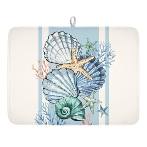 Summer Sea Shell Drying Mat 24x18 Inch, Starfish Drying Mat with Absorbent Reversible Microfiber, Coastal Dish Drainer Mats Holiday Ocean Rack Pad for Coffee Countertop Kitchen Protector - color: Light Blue White, size: 24" x 18"