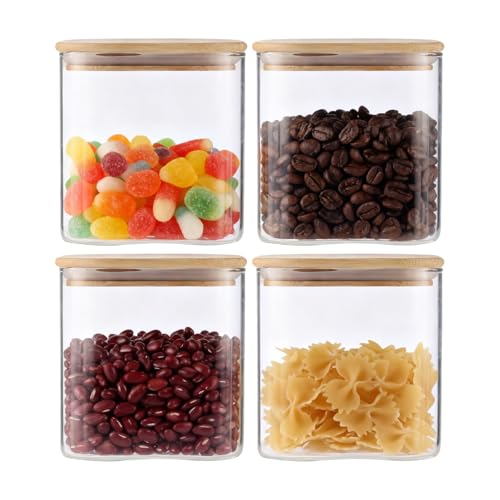 4-Pack Square Glass Containers with Bamboo Lids, 24 fl oz/720ml Airtight Canister Set, Clean & Elegant Storage Jars for Candy, Coffee, Tea, Sugar, Flour, Cookies, Spices - color: square-4pcs- 24 oz