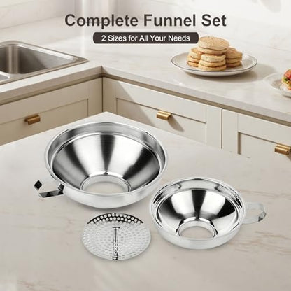 Canning Funnel with Strainer, Wide Mouth Canning Funnels for Filling Wide and Regular Mason Jars, Food Grade Stainless Steel Canning Supplies for Kitchen Use, 3 Pack (Small and Large)