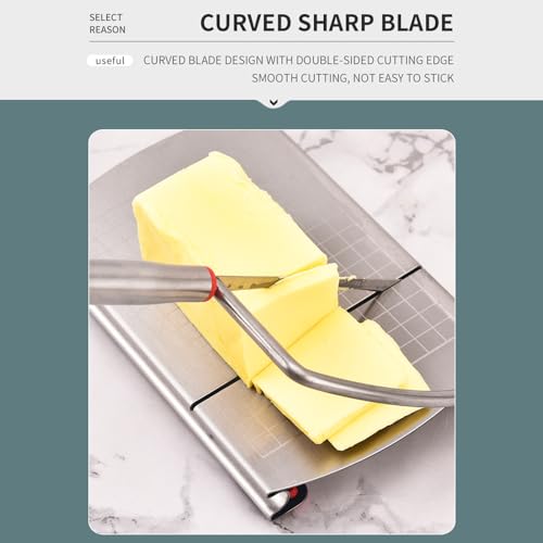 Stainless Steel Cheese Slicer with Block Cheese Blade, Cutting Board with Precise Measurements, Multi-purpose Slicing Tool for Blocks of Cheese, Butter, and Sausage., conventional, Silver