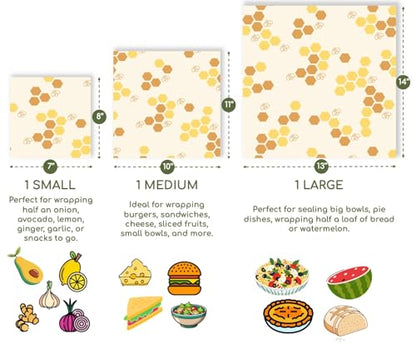 Truebee Reusable Beeswax Food Wraps 3-Pack – Non Toxic, Plastic Free, Silicone Free, Sustainable, Environmentally Friendly, Organic Cotton Beeswax Wraps (S, M, L), Signature Design - color: 3 Pack - Honeycomb