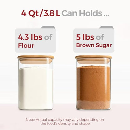 2-Pack 1 Gallon Square Glass Flour and Sugar Containers with Lids, Large Airtight Pantry Jars for Baking - Glass Canisters with Scoops & Labels for Bulk Food - size: 1gallon*2