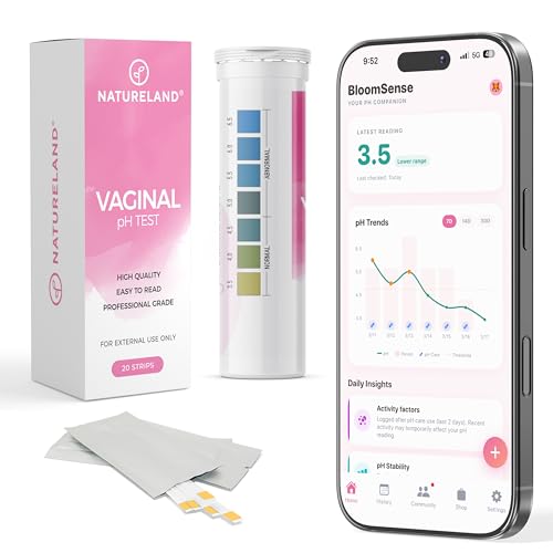 NATURELAND Vaginal pH Test Strips for Women – At-Home BV and Yeast Infection Test Kit, with BloomSense App, Accurate 3.5-6.5 Range, Foil-Sealed (20 Strips) - size: 20 Strips
