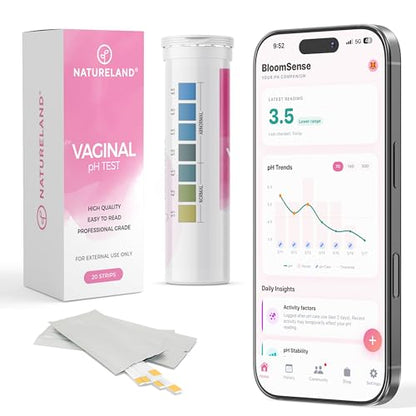 NATURELAND Vaginal pH Test Strips for Women – At-Home BV and Yeast Infection Test Kit, with BloomSense App, Accurate 3.5-6.5 Range, Foil-Sealed (20 Strips) - size: 20 Strips