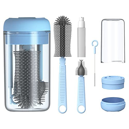 Travel Bottle Cleaner Kit, Silicone Baby Bottle Brush Set with Bottle Brush, Drying Rack, Nipple Brush,Straw Brush,Soap Dispenser, Portable Baby Bottle Brush Cleaner for Home and Travel,Blue - color: Light Blue