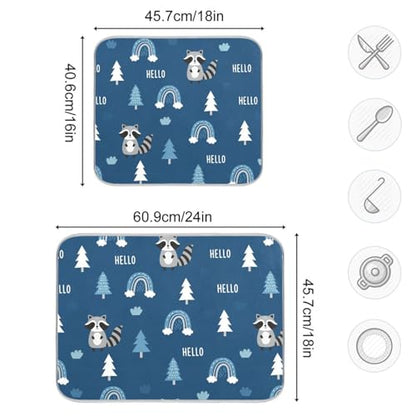 Raccoon Rainbow Tree Blue Dish Drying Mat for Kitchen Counter Super Absorbent Draining Mat with Non-slip Backed Dish Rack Pad for Draining Racks Countertops Sinks Dish Bottles Cups Bowl
