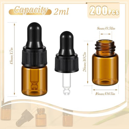 Didaey 200 Pcs 1/2/3/5/10/15 ml Mini Glass Oil Dropper Bottle Bulk, Clear Essential Small Empty Bottles Sample Containers Perfume Liquid Vials with Cap for Traveling (2 ml,Amber) - color: Amber, size: 2 ml