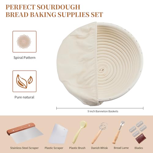 Dimpola Banneton Bread Proofing Basket Banneton Basket Set Sourdough Proofing Basket Round Proofing Bowls Handmade Rattan Baskets and Liners (Round of 1 Gift Set) - style: Round of 1 Gift Set
