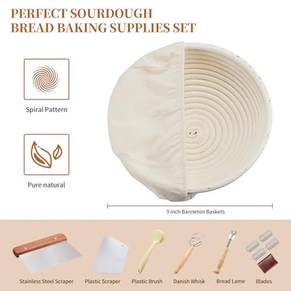 Dimpola Banneton Bread Proofing Basket Banneton Basket Set Sourdough Proofing Basket Round Proofing Bowls Handmade Rattan Baskets and Liners (Round of 1 Gift Set) - style: Round of 1 Gift Set